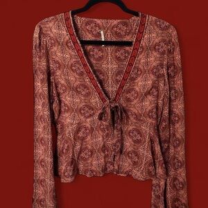 Free People Paisley Front tie Bell Sleeve Top